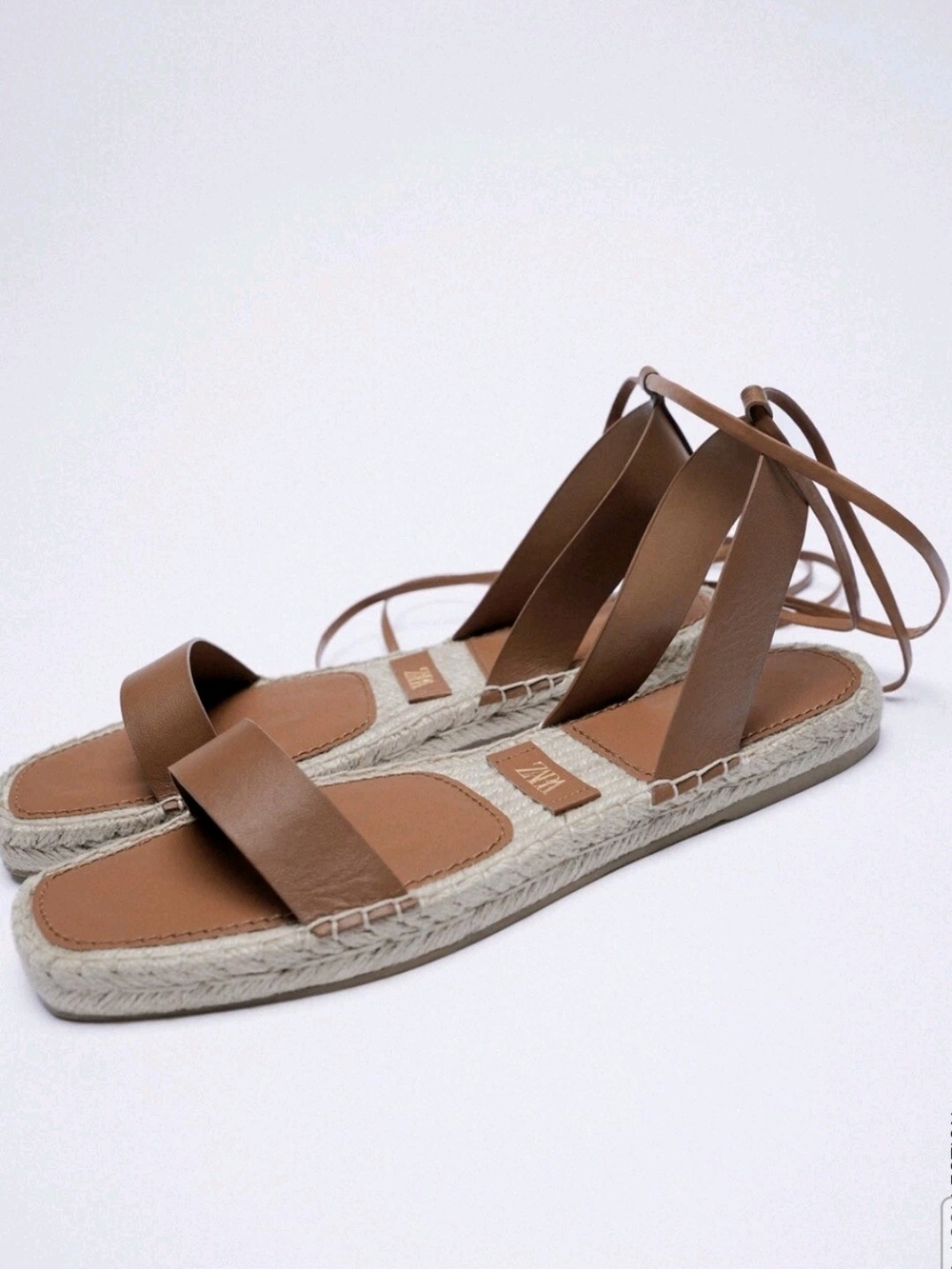 Zara Tan Leather Jute Sole Tie Up Flat Sandal Size 7.5